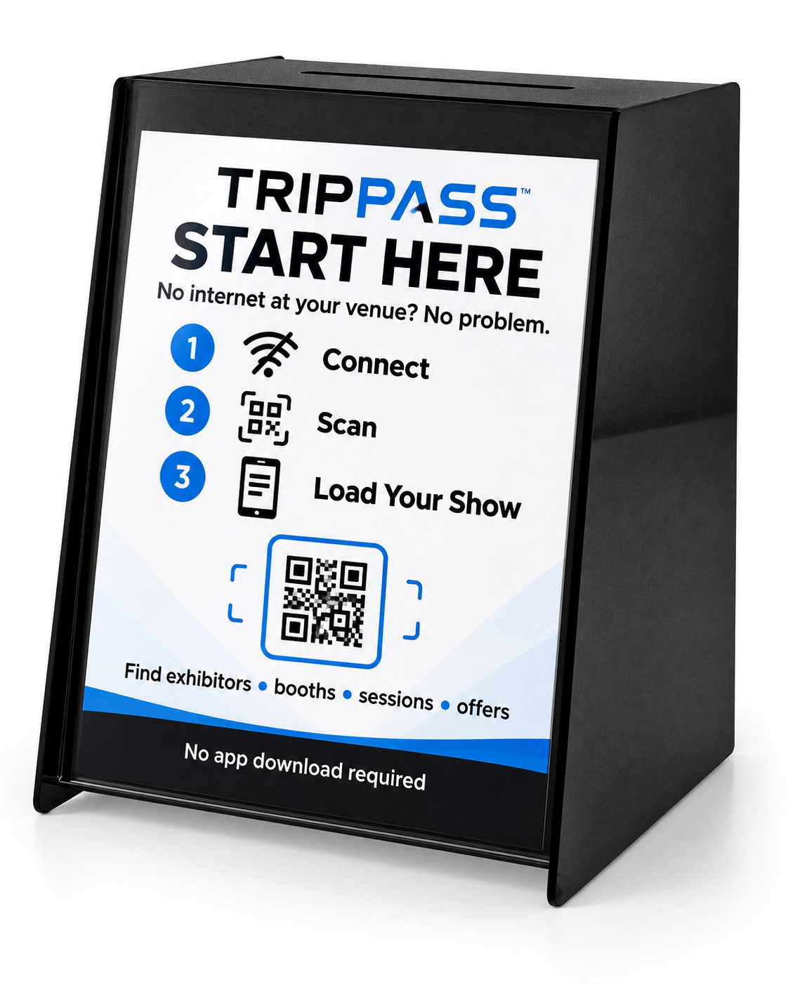 TripPass Connect Station sign: connect, scan and load your show, with a large QR code.