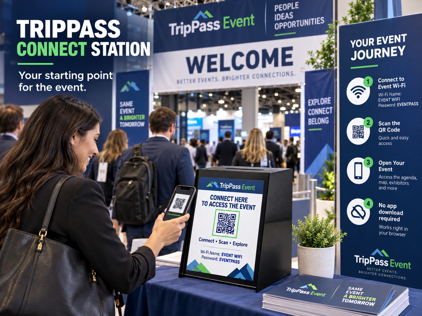 Attendee scanning the QR code on a TripPass Connect Station at a show entrance