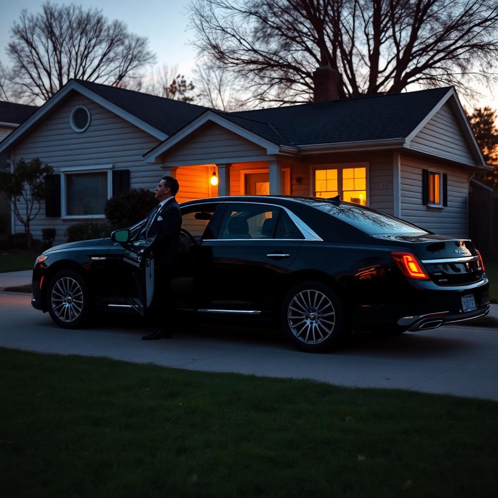 Owner-operator standing beside his black executive sedan at dusk