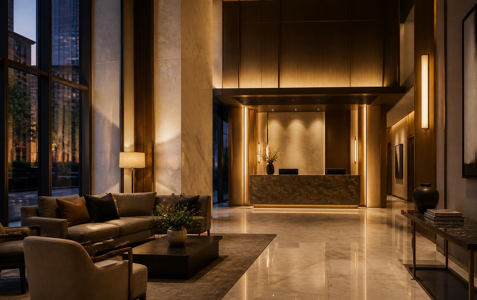 Luxury apartment lobby at dusk with a warmly-lit concierge desk